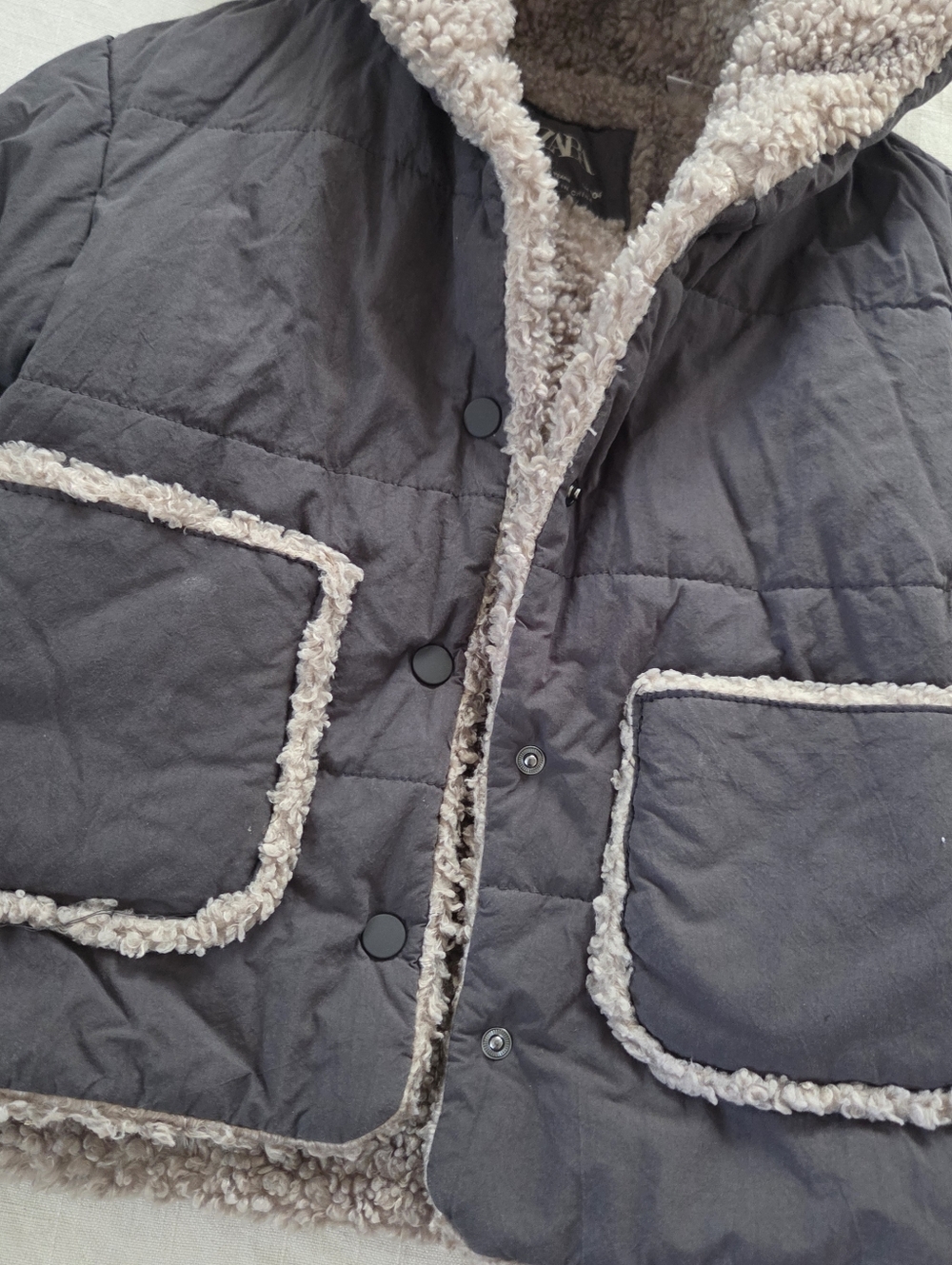 Zara Kids Gray Hooded Sherpa-Lined Coat Jacket 3t 4t Boys Girls Neutral - Picture 2 of 10